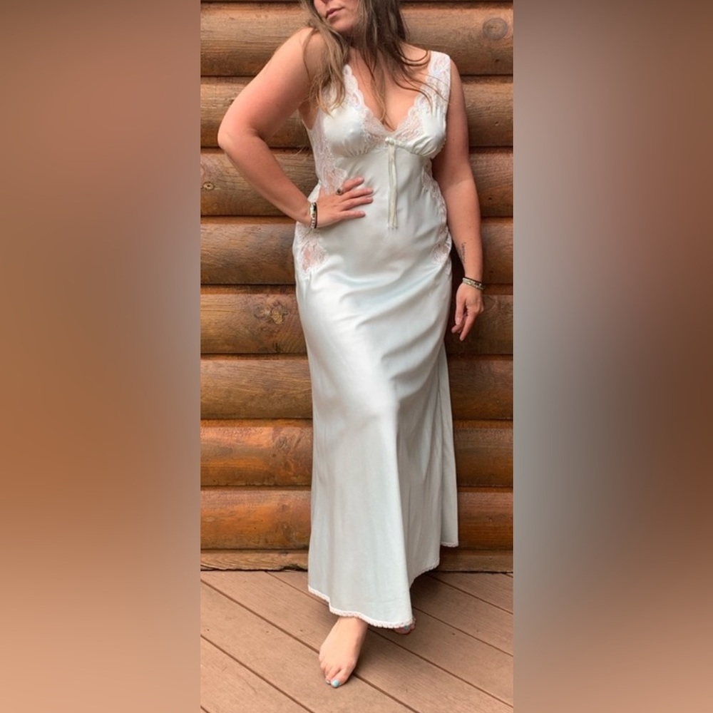 Vintage pale blue satin slip gown with lace trim